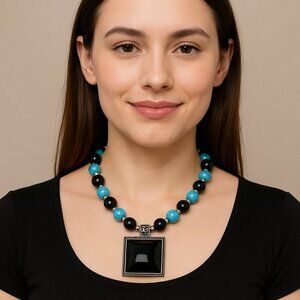 Vintage GSJ 925 Sterling Black Onyx and Turquoise Pendant Necklace